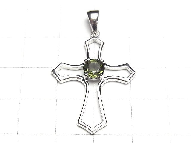 [Video] High Quality Moldavite AAA Round Faceted  Cross Pendant 30x24x5mm Silver925