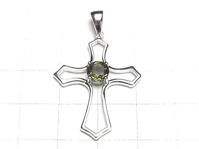 Pendentif croix facetté rond en moldavite de haute qualité AAA 30x24x5mm Argent 925