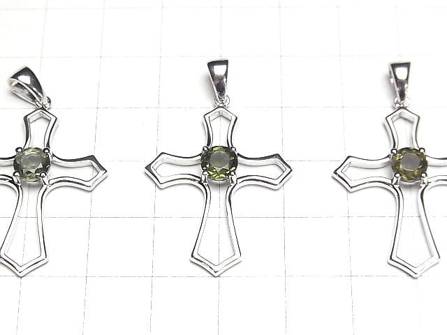 [Video] High Quality Moldavite AAA Round Faceted  Cross Pendant 30x24x5mm Silver925
