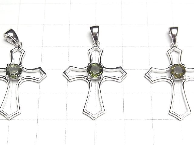 High Quality Moldavite AAA Round Faceted  Cross Pendant 30x24x5mm Silver925