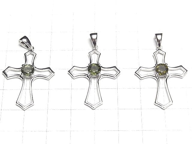 [Video] High Quality Moldavite AAA Round Faceted  Cross Pendant 30x24x5mm Silver925