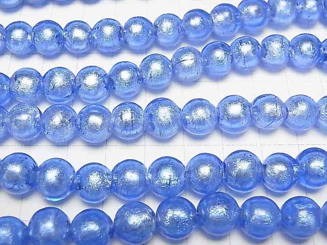 [Video] Lampwork Beads Round 10mm [Silver foil x Blue] half or 1strand beads (aprx.11inch/27cm)