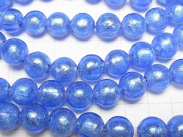 [Video]Lampwork Beads Round 12mm [Silver foil x Blue] 1strand beads (aprx.10inch/26cm)