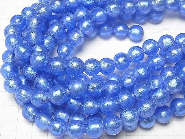 [Video] Lampwork Beads Round 12mm [Silver foil x Blue] half or 1strand beads (aprx.10inch/26cm)