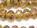 Lampwork Beads Faceted Button Rondelle 10x10x7mm with rose pattern [Yellow] half or 1strand beads (aprx.13inch / 33cm)