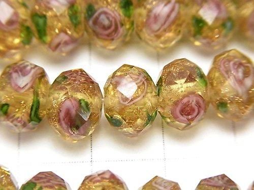 Perles Lampwork facettées bouton rondelle 10x10x7mm avec motif rose [Jaune] demi ou 1 fil de perles (env. 13 pouces / 33 cm)