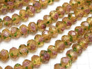 Lampwork Beads Faceted Button Rondelle 10x10x7mm with rose pattern [Yellow] half or 1strand beads (aprx.13inch / 33cm)