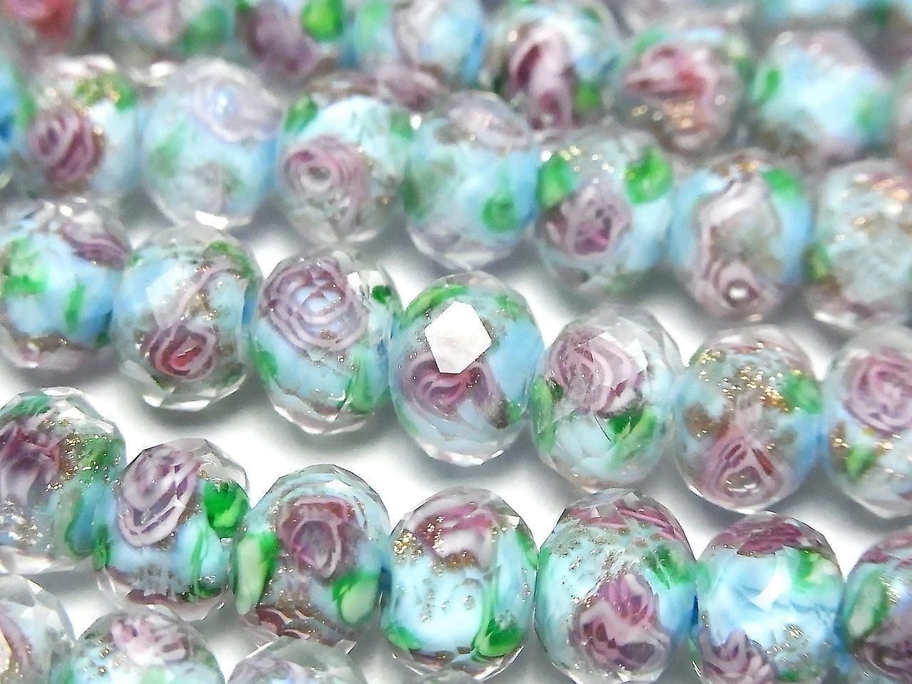 Perles à la lampe facettées bouton rondelle 10x10x7mm motif rose [Bleu] demi ou 1 rang de perles (env. 34cm)