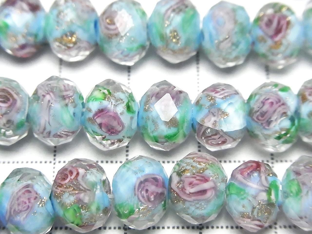 Perles à la lampe facettées bouton rondelle 10x10x7mm motif rose [Bleu] demi ou 1 rang de perles (env. 34cm)