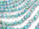 [Video] Lampwork Beads Faceted Button Rondelle 10x10x7mm with rose pattern [Blue] half or 1strand beads (aprx.14inch / 34cm)