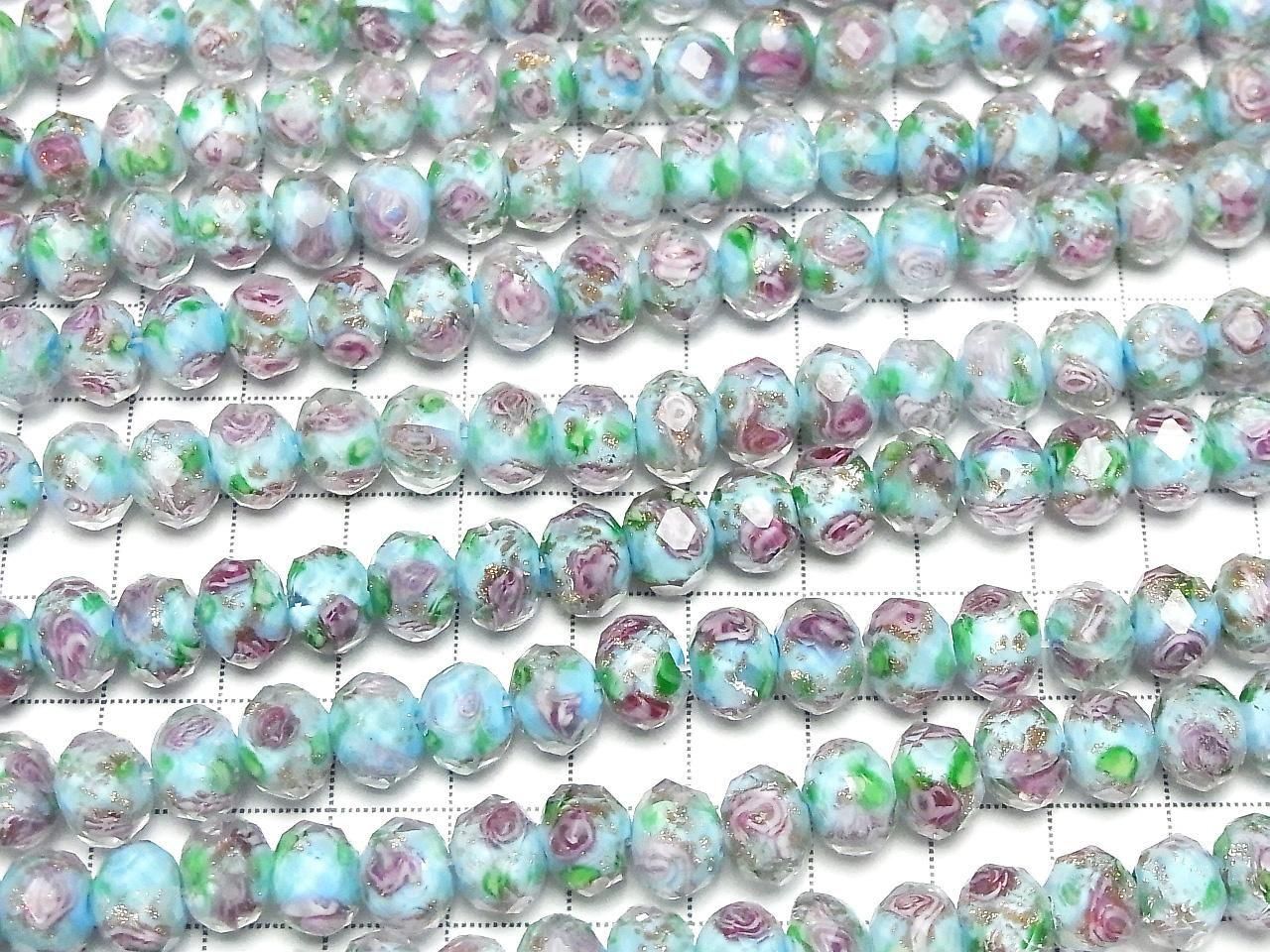 燈工珠刻面紐扣形扁圓珠 10x10x7mm 玫瑰圖案 [藍色] 半串或一串珠子（約14英寸/34厘米）