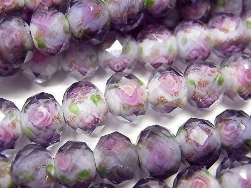 Perles Lampwork Facettées Bouton Rondelle 10x10x7mm avec motif rose [Violet] demi ou 1 fil de perles (env. 34cm)