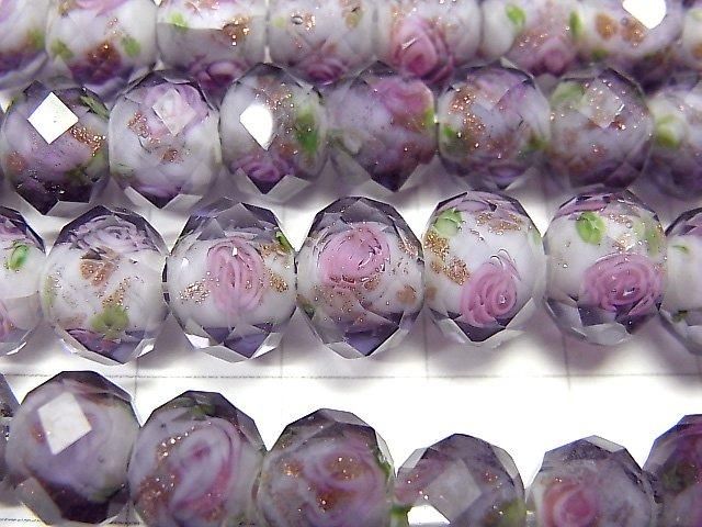 Perles Lampwork Facettées Bouton Rondelle 10x10x7mm avec motif rose [Violet] demi ou 1 fil de perles (env. 34cm)
