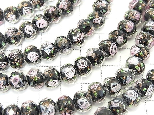 Lampwork Beads Faceted Button Rondelle 10x10x7mm with rose pattern [black] half or 1strand beads (aprx.14inch / 34cm)
