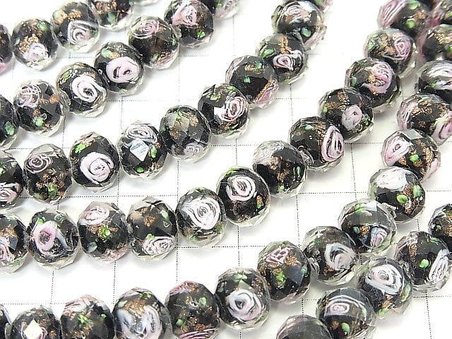 Lampwork Beads Faceted Button Roundel 10x10x7mm with rose pattern [black] half or 1strand beads (aprx.14inch / 34cm)