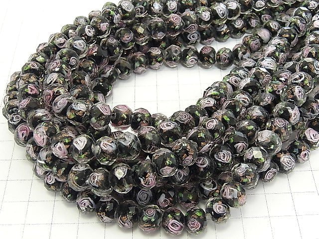 Lampwork Beads Faceted Button Roundel 10x10x7mm with rose pattern [black] half or 1strand beads (aprx.14inch / 34cm)