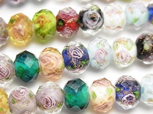 Perles Lampwork facettées en forme de bouton, rondelles 10x10x8mm avec motif rose [multicolore] demi ou 1 fil de perles (environ 35cm)