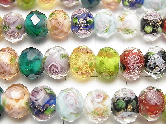 [Video] Lampwork Beads Faceted Button Roundel 10x10x8mm with rose pattern [multicolor] half or 1strand beads (aprx.14inch / 35cm)