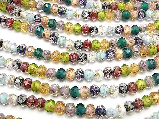 [Video] Lampwork Beads Faceted Button Rondelle 10x10x8mm with rose pattern [multicolor] half or 1strand beads (aprx.14inch / 35cm)