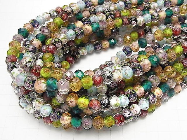 [Video] Lampwork Beads Faceted Button Rondelle 10x10x8mm with rose pattern [multicolor] half or 1strand beads (aprx.14inch / 35cm)