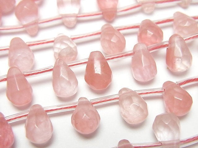 [Video]Cherry Quartz Glass Faceted Drop 9x6x6mm half or 1strand beads (aprx.15inch/36cm)