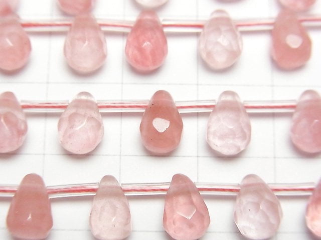 [Video]Cherry Quartz Glass Faceted Drop 9x6x6mm half or 1strand beads (aprx.15inch/36cm)