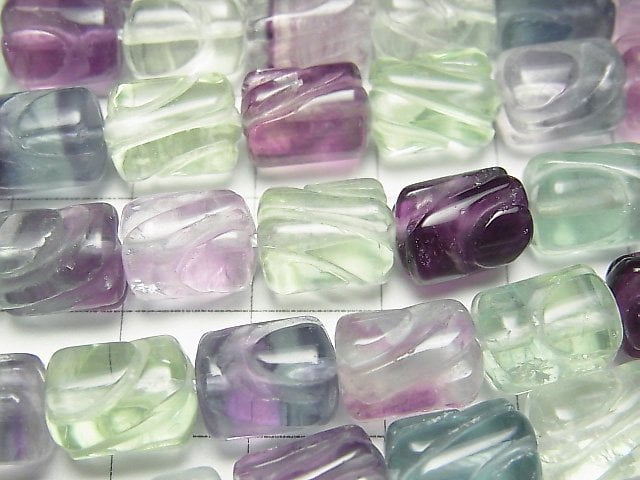 [Video] Multicolor Fluorite AAA- Carved Tube 10x8x8mm half or 1strand beads (aprx.15inch / 37cm)