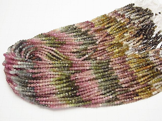 [Video] Multi Color Tourmaline AA ++ Faceted Button Rondelle 1strand beads (aprx.14inch / 35cm)