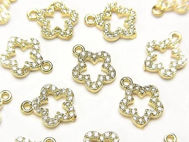 Metal Parts charm with CZ crystal, flower design, 10x8mm, gold color, 3 pieces