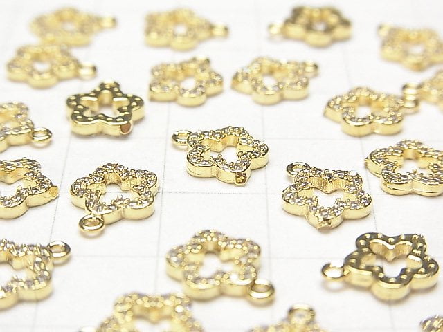Metal Parts charm with CZ crystal, flower design, 10x8mm, gold color, 3 pieces