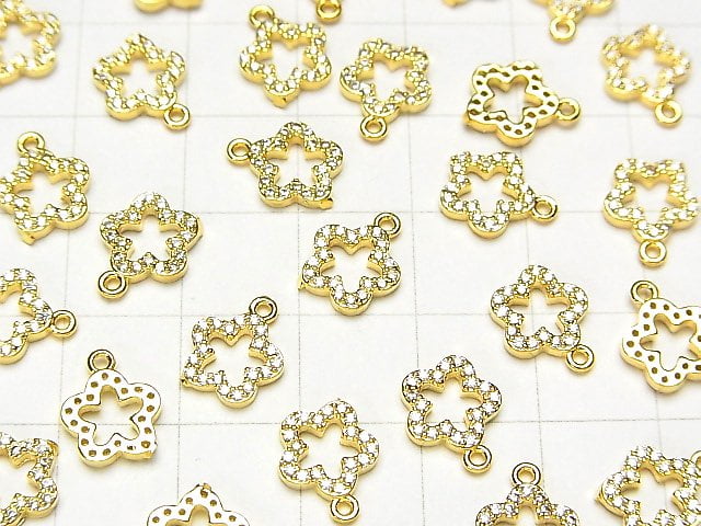 Metal Parts charm with CZ crystal, flower design, 10x8mm, gold color, 3 pieces