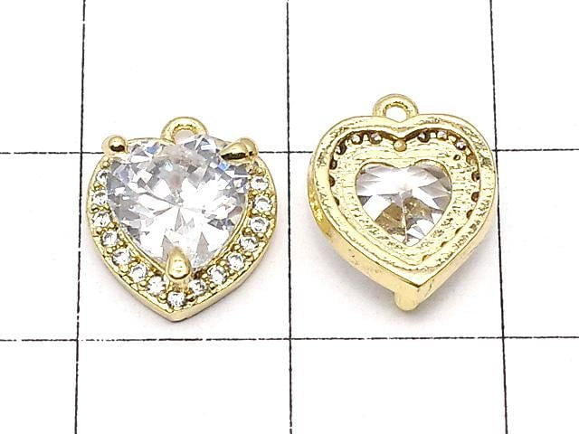 Metal CZ Heart Charm, 11x9.5x4mm, Gold, 2 Pieces