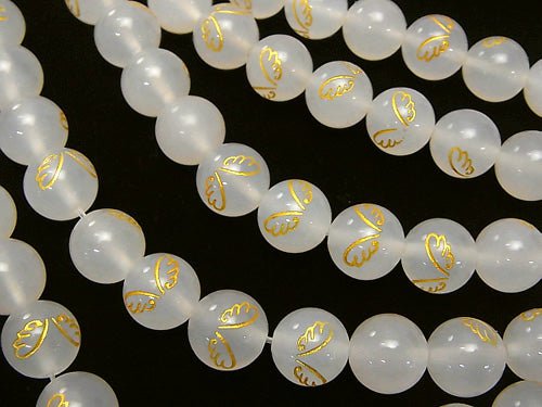 Golden! Angel Wing Carving! White Chalcedony AAA - Round 10 mm half or 1 strand beads (aprx. 15 inch / 36 cm)