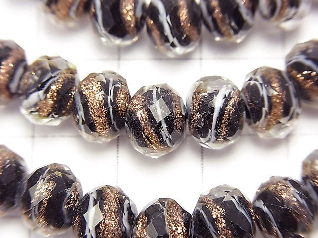 [Video] Lampwork Beads Faceted Button Rondelle 8 x 8 x 6 mm gold and white Line Carved [black] half or 1 strand beads (aprx.11 inch / 28 cm)