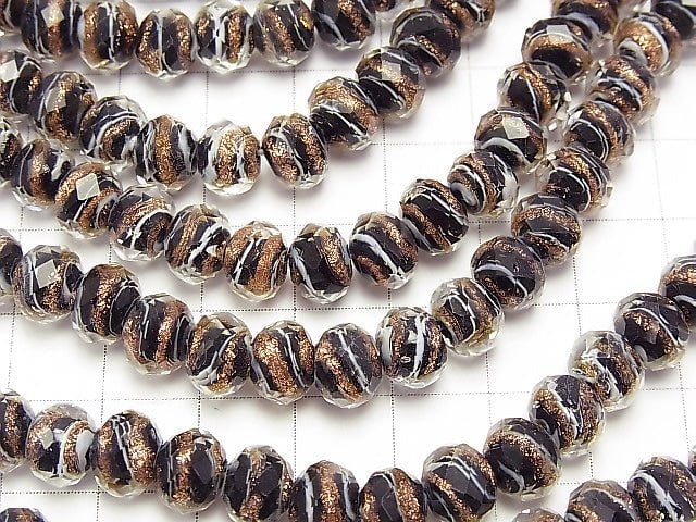 [Video] Lampwork Beads Faceted Button Rondelle 8 x 8 x 6 mm gold and white Line Carved [black] half or 1 strand beads (aprx.11 inch / 28 cm)