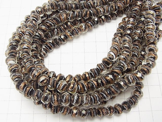 [Video] Lampwork Beads Faceted Button Rondelle 8 x 8 x 6 mm gold and white Line Carved [black] half or 1 strand beads (aprx.11 inch / 28 cm)