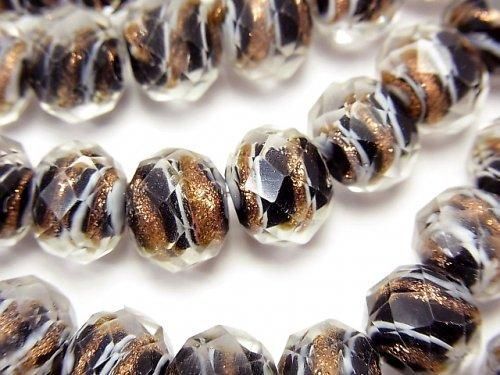 Perles Lampwork Facettées Bouton Rondelle 10 x 10 x 7 mm Or & Blanc Ligne Gravée [Noir] demi ou 1 fil (env. 36 cm)