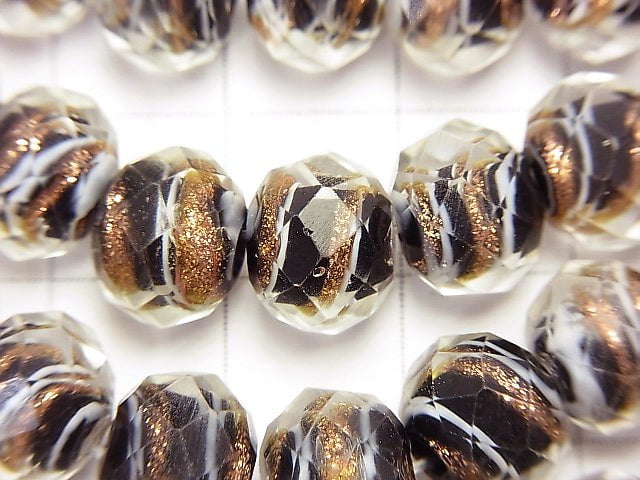 Lampwork Beads Faceted Button Roundel 10 x 10 x 7 mm Gold & White Line Carved [Black] half or 1 strand beads (aprx.15 inch / 36 cm)