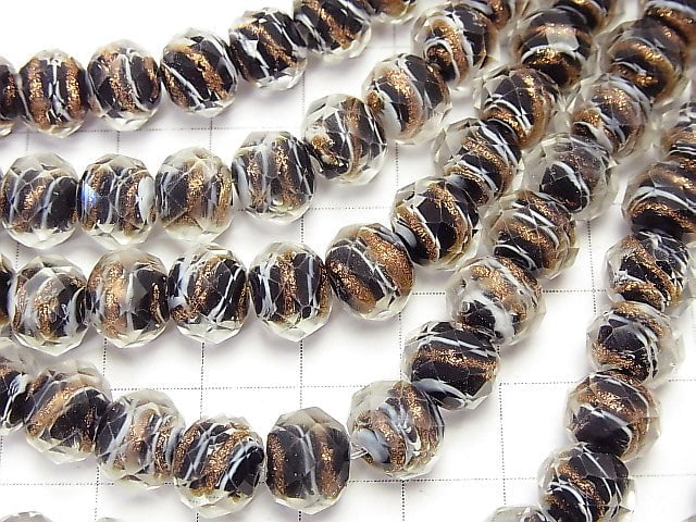 Lampwork Beads Faceted Button Roundel 10 x 10 x 7 mm Gold & White Line Carved [Black] half or 1 strand beads (aprx.15 inch / 36 cm)