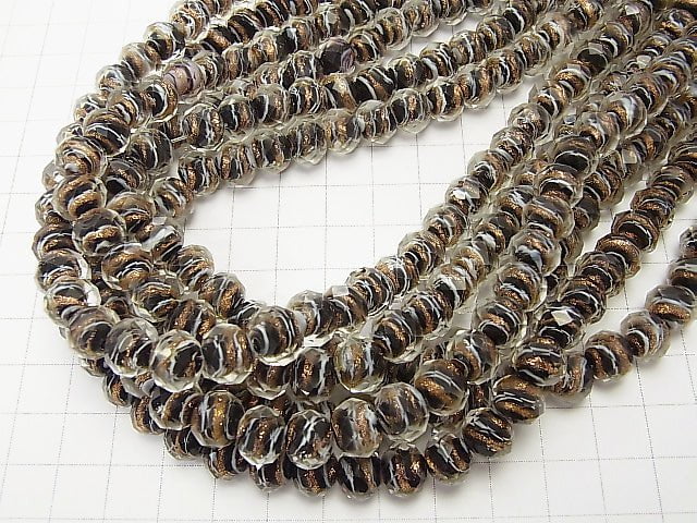 Lampwork Beads Faceted Button Roundel 10 x 10 x 7 mm Gold & White Line Carved [Black] half or 1 strand beads (aprx.15 inch / 36 cm)