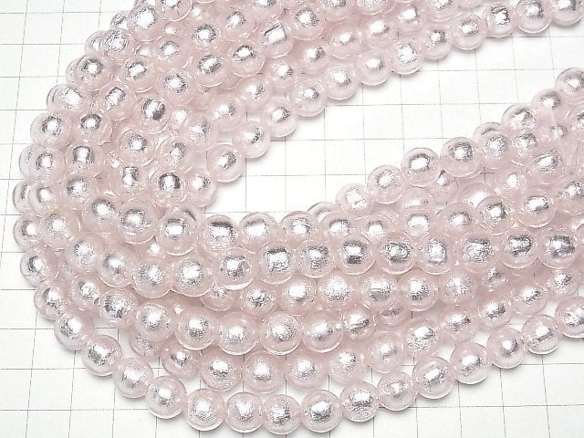 [Video]Lampwork Beads Round 10mm [Silver foil x Pink] 1strand beads (aprx.9inch/24cm)