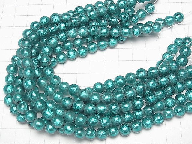 Lampwork Beads Round 8mm [Silver foil x blue green] half or 1strand beads (aprx.9inch/23cm)