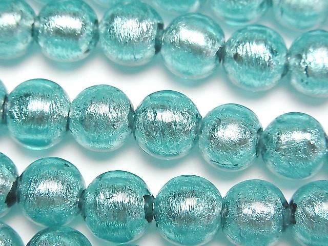 Lampwork Beads Round 10mm [Silver foil x blue green] half or 1strand beads (aprx.10inch/26cm)