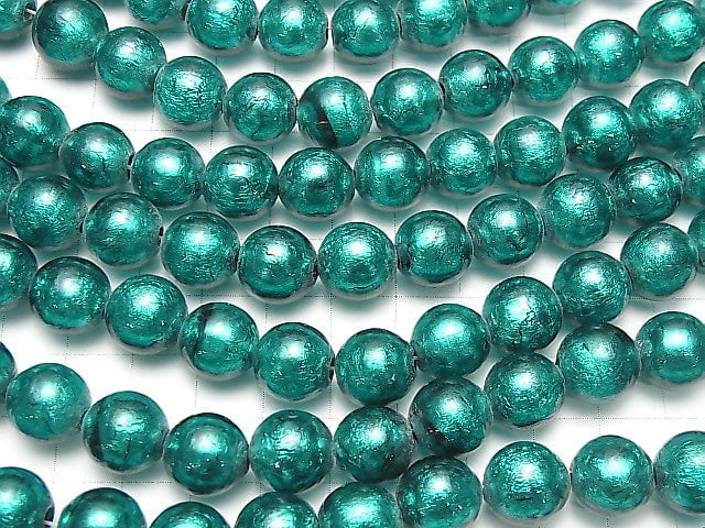 [Video] Lampwork Beads Round 12mm [Silver foil x blue green] half or 1strand beads (aprx.10inch/26cm)