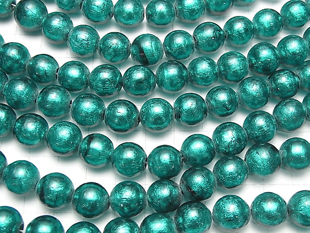[Video]Lampwork Beads Round 12mm [Silver foil x Blue green] 1strand beads (aprx.12inch/30cm)