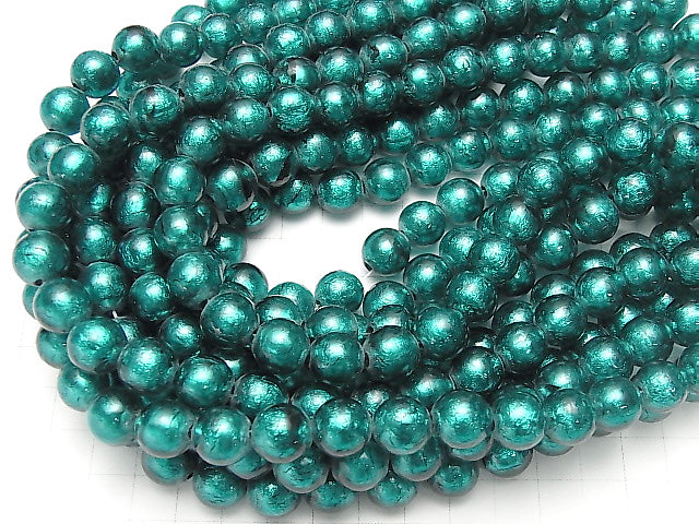 [Video]Lampwork Beads Round 12mm [Silver foil x Blue green] 1strand beads (aprx.12inch/30cm)