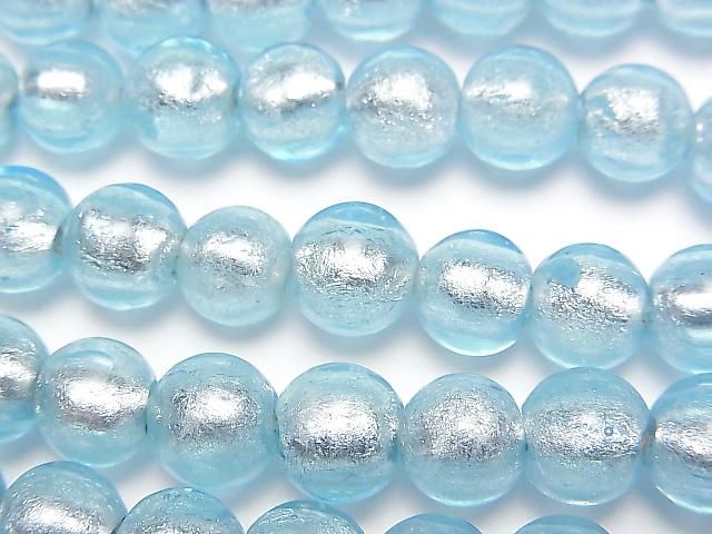 [Video] Lampwork Beads Round 8mm [Silver foil x light blue] half or 1strand beads (aprx.9inch/24cm)
