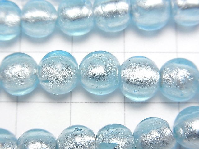 [Video]Lampwork Beads Round 8mm [Silver foil x Light blue] 1strand beads (aprx.10inch/25cm)