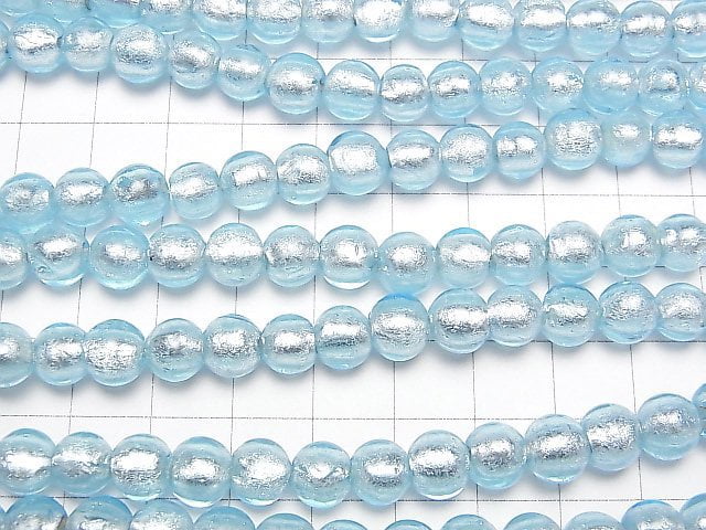 [Video]Lampwork Beads Round 8mm [Silver foil x Light blue] 1strand beads (aprx.10inch/25cm)