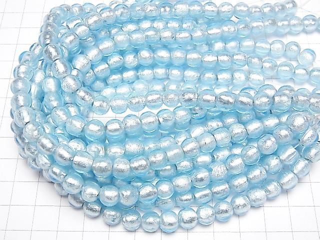 [Video] Lampwork Beads Round 8mm [Silver foil x light blue] half or 1strand beads (aprx.9inch/24cm)